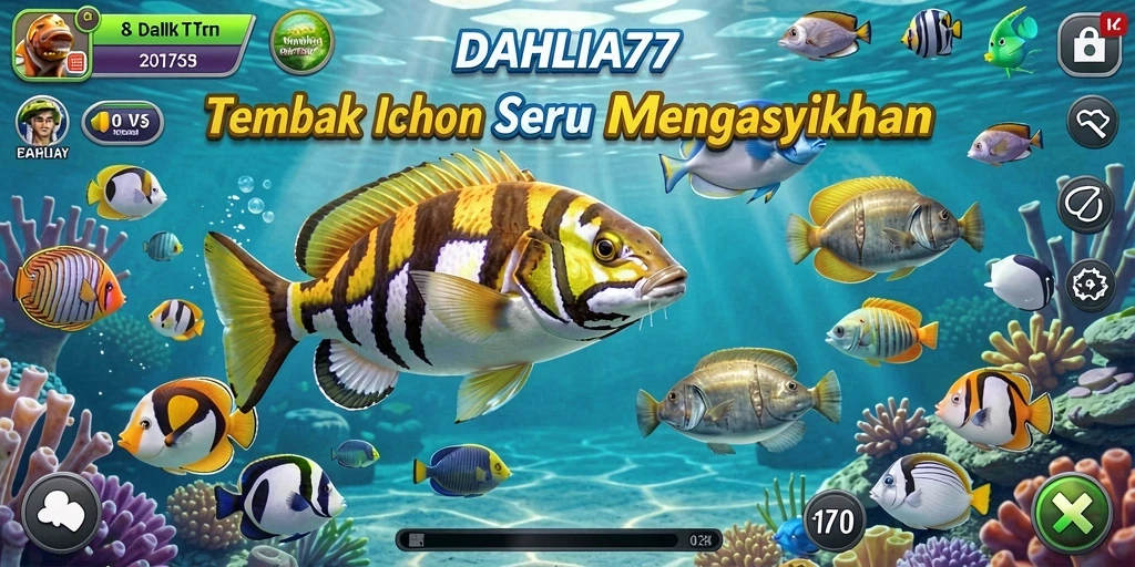 Screenshot gameplay DAHLIA77 yang menampilkan aksi menembak ikan.
