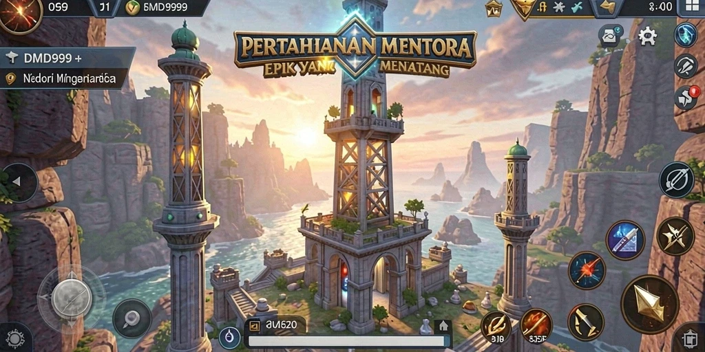 Tampilan gameplay DMD999 yang menarik dengan menara strategis dan serangan musuh.