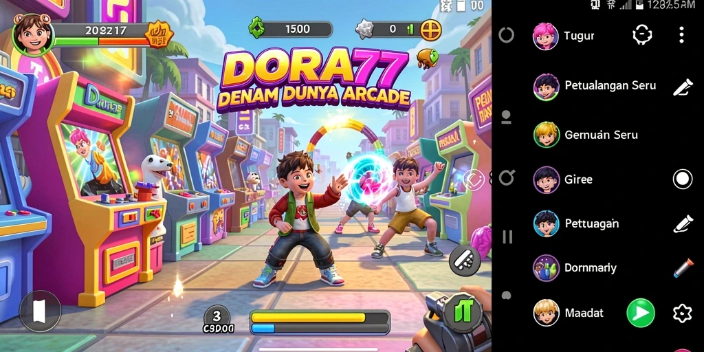Tampilan gameplay seru dalam DORA77, menampilkan tantangan Arcade.