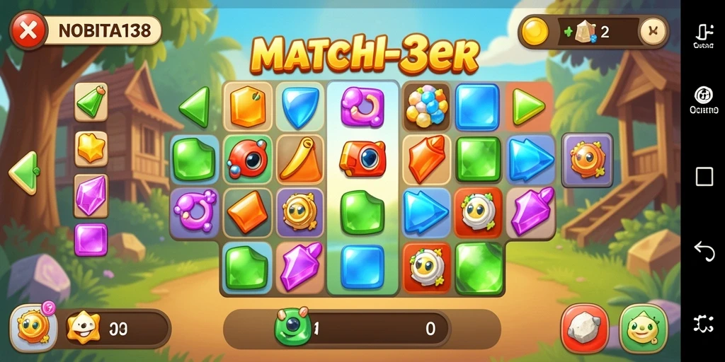 Screenshot gameplay NOBITA138 menampilkan aksi mencocokkan item warna-warni.