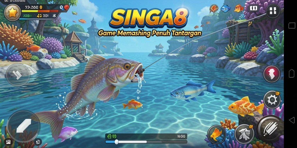 Screenshot gameplay SINGA8 menampilkan aksi memancing yang seru.